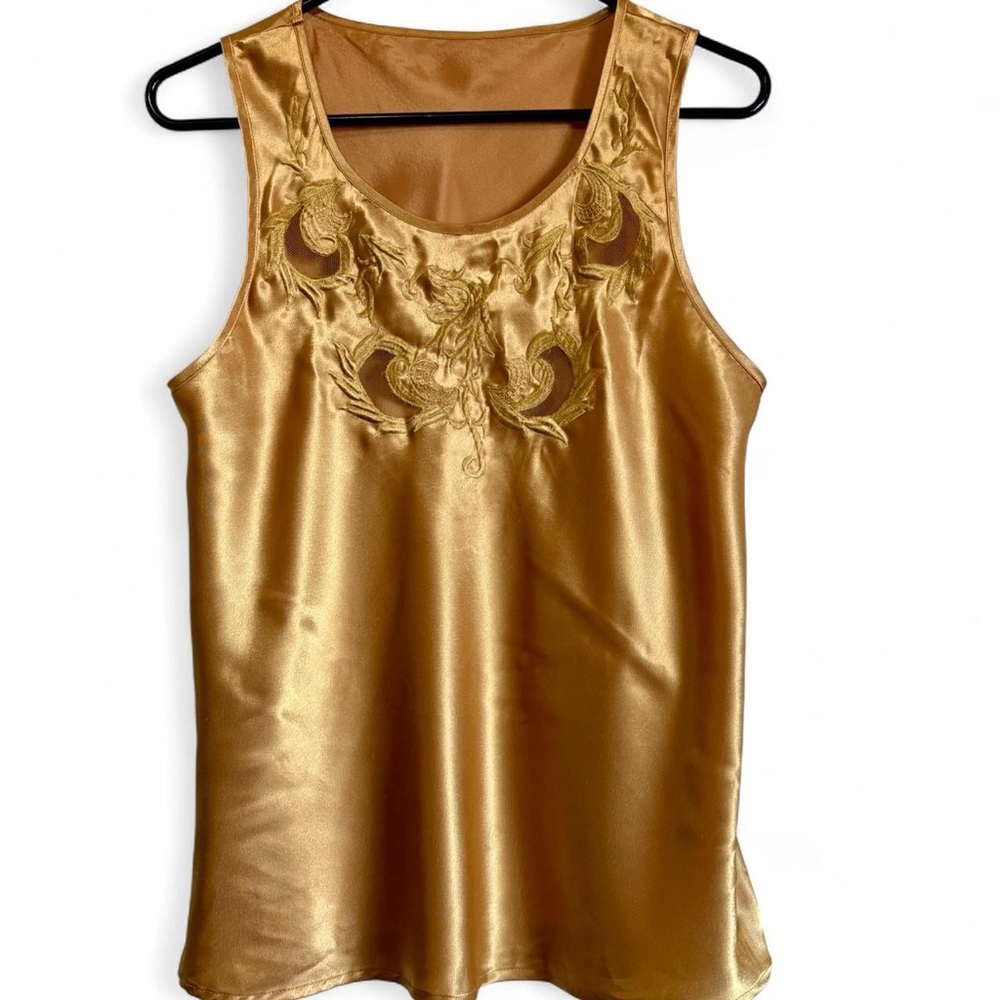 Vintage 70s Gold Satin EmbroideredTop